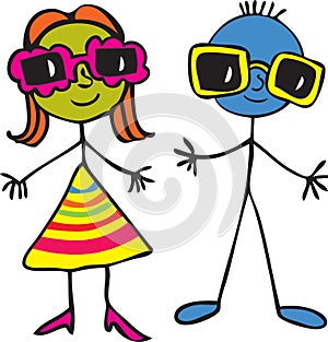 Stick boy and girl with sunglasses