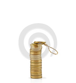 Stick of coins and rope with knot for suicide on white background. Concept: Money can destroy you