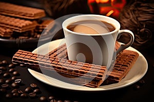 Stick Cookies, Biscuit Snack, Chocolate Wafer Sticks and Cup of Coffee with Milk on Gray Background