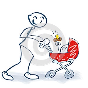 Stick figure with baby carriage and child