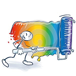 Stick figure with a big paint roller paints with rainbow colors