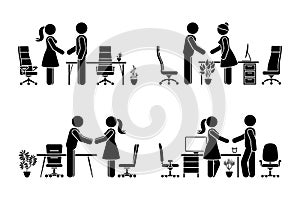 Stick figure business male and female negotiation vector icon set. Stickman office partners handshaking, meeting, talking