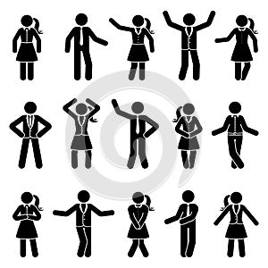 Stick figure business male and female standing front view different poses vector icon pictogram set. Office men and women people