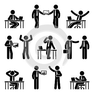 Stick figure business man icon set. Vector illustration of male at workplace isolated on white.