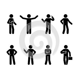 Stick figure business man standing set. Vector illustration of different human poses on white.