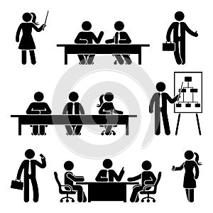 Stick figure business meeting icon set