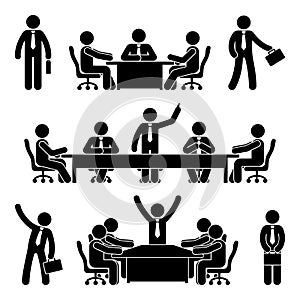 Stick figure business meeting set. Finance chart person pictogram icon. Employee solution marketing discussion.