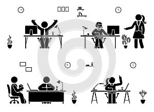 Stick figure business office vector icon people. Man and woman working, solving, reporting pictogram.