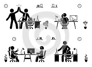 Stick figure business office vector icon pictogram on white. Men and women happy, working, sitting, reporting, writing people silh