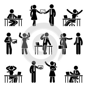 Stick figure business people icon set. Vector illustration of men and women at workplace isolated on white.