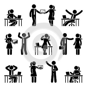 Stick figure business people set. Vector illustration of men and women at work isolated on white.