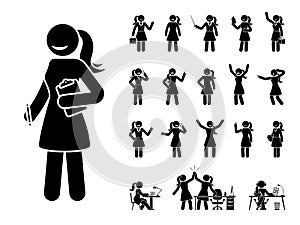 Stick figure business woman vector icon set. Happy, sad, surprised, amazed, angry, celebrating, writing stickman person