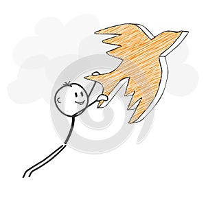 Stick Figure Cartoon - Stickman Flying with a Bird Icon.
