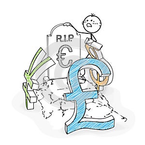 Stick Figure Cartoon - Stickman Mourns the Euro. Dollar, Yen, Po