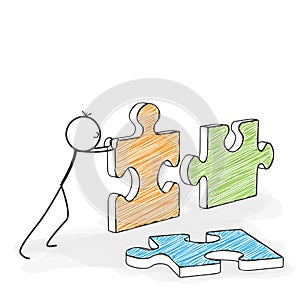 Stick Figure Cartoon - Stickman Pushes Puzzle Icons Together.