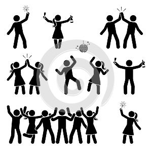 Stick figure celebrating people icon set. Happy men and women dancing, jumping, hands up pictogram.