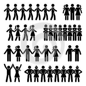 Stick figure chain people holding hands vector icon pictogram set. Man and woman team support group posture silhouette
