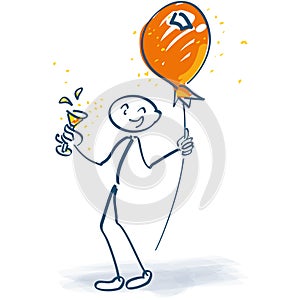 Stick figure with champagne glass and balloon on a stick