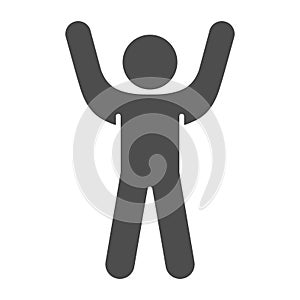 Stick figure cheering with his hand up solid icon. Man with arms up glyph style pictogram on white background. Stickman