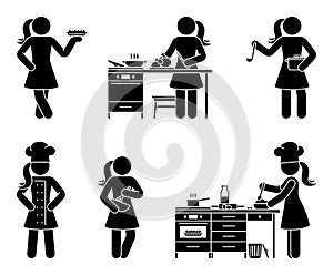 Stick figure chef cook girl vector set. Female person cooking grilled chicken, pie, soup at home restaurant kitchen icon