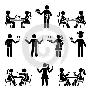 Stick figure chef cook, waitress, waiter vector icon pictogram. Eating at restaurant, dating, hungry, dinner stickman silhouette