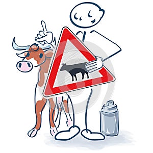 Stick figure with cow, sign and milk can