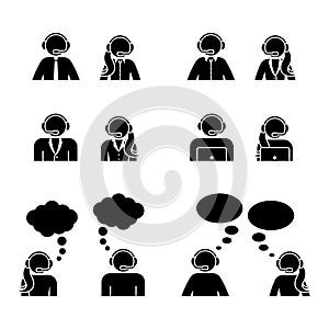 Stick figure customer support center icon set. Vector illustration of man and woman service workers on white.