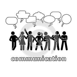 Stick figure dialog communication speech bubbles set. Talking, thinking, body language group of people conversation pictogram.