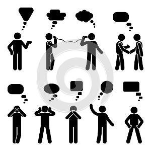 Stick figure dialog speech bubbles set. Talking, thinking, communicating body language man conversation icon pictogram.