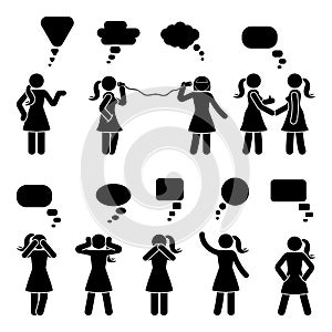 Stick figure dialog speech bubbles set. Talking, thinking, whispering body language woman conversation icon pictogram.