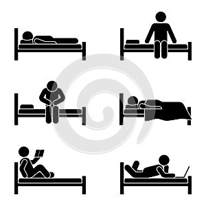 Stick figure different position in bed. Vector illustration of dreaming, sitting, sleeping person icon symbol sign set pictogram.