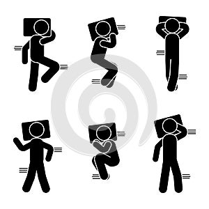 Stick figure different sleeping position set. Vector illustration of dreaming person icon symbol sign pictogram on white.