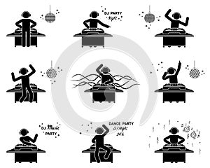 Stick figure dj mixing at nightclub party vector icon set. Stickman male in headphones playing dance, electronic, techno music