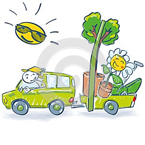 Stick figure drives with a trailer and flowers into the spring