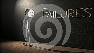 Stick Figure Facing Blackboard of Failures Under Spotlight photo
