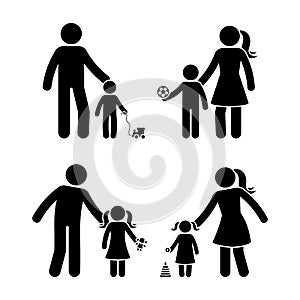 Stick figure family boy girl playing outside vector icon illustration set. Children, kids, son, daughter, father, mother, parentsf