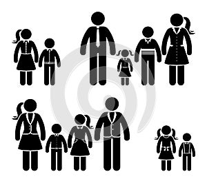 Stick figure family in nice clothes icon set. Full dressed people in different age pictogram.