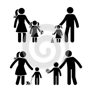 Stick figure family, preschooler boy, girl playing outside vector icon illustration set. Children parents spending time together
