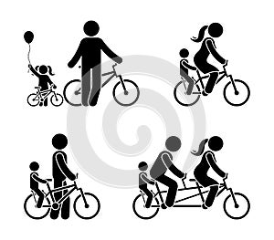 Stick figure family riding bicycle pictogram. Happy mam, dad and kid outdoor.