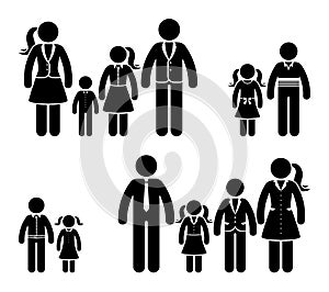 Stick figure father, mother, daughter and son icon. Big happy family pictogram.