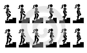 Stick figure female on stairs icon set. Vector woman walking step by step sequence pictogram.
