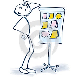 Stick figure with a flip chart and little papers and little stickers