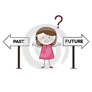 Stick Figure Girl confused about past and future doodle cartoon Illustration Vector