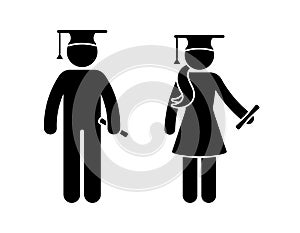 Stick figure graduate teenage boy and girl vector icon set. Young students standing with diploma wearing cap, hat with tassel photo
