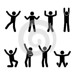 Stick figure happiness, freedom, jumping, motion set. Vector illustration of celebration poses pictogram.