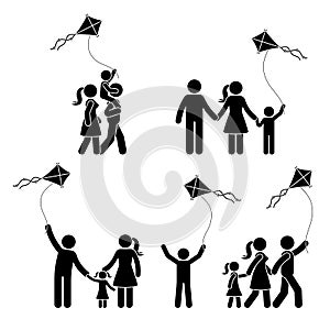 Stick figure happy active family with kite icon set. People spending time outdoor pictogram.