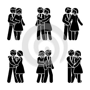 Stick figure happy couple embrace one another. Smiling man and woman in love vector illustration.