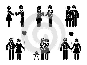 Stick figure happy couple with gift. Man and woman in love vector illustration.