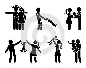 Stick figure happy family activity icon set. Father and mother with kids playing outdoor pictogram.