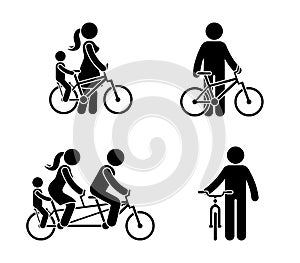 Stick figure happy family riding bike pictogram. Mother, father and child spending time together.